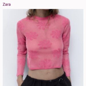 ZARA Floral Knit Crop Semi Sheer Longsleeves Women Color Pink Top Sweater sz S